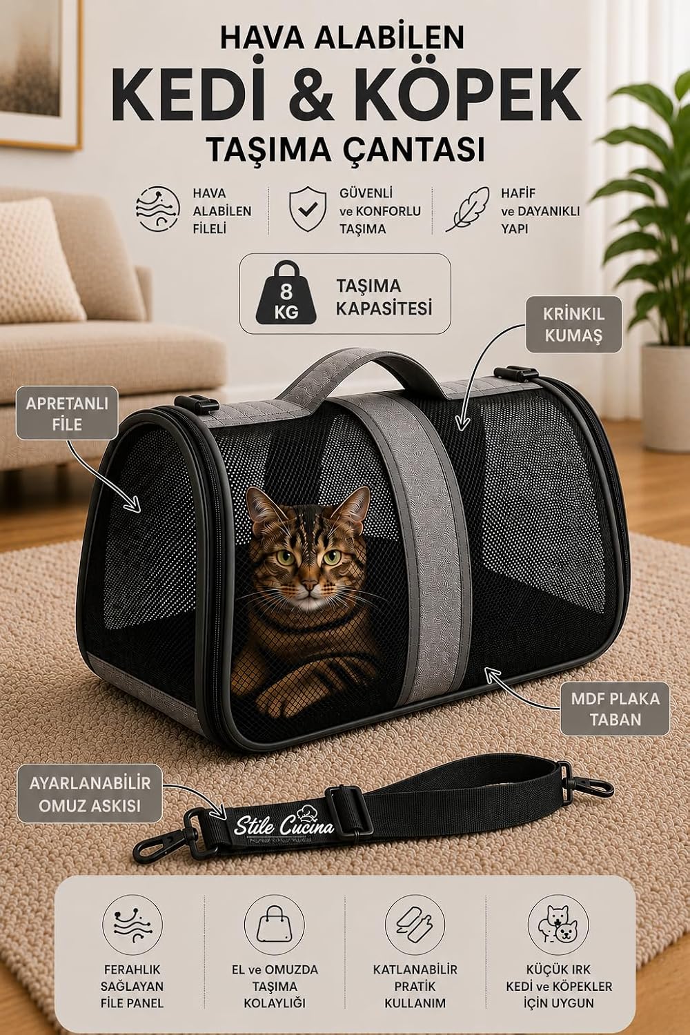Fileli Kedi &Köpek Taşıma Çantası  Katlanabilir, 8 kg, 42x25x28 cm